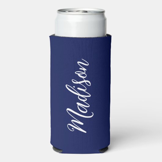 Chic Navy Blue Name Custom Handwritten Script Seltzer Blikjeskoeler (Seltzer Achterkant)