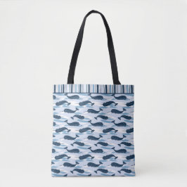 Chic Navy Blue Narwhal Allover Print Tote Bag