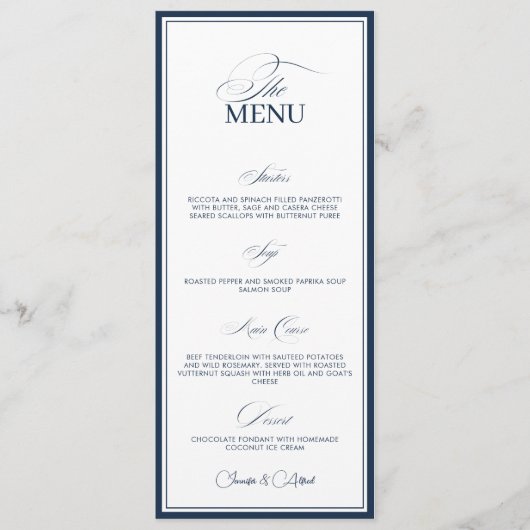 Chic Navy Blue Old Money Wedding Dinner Menu Card (Voorkant)