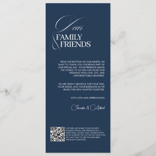 Chic Navy Blue Old Money Wedding Dinner Menu Card (Achterkant)