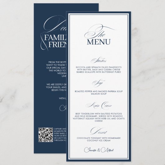 Chic Navy Blue Old Money Wedding Dinner Menu Card (Voorkant / Achterkant)