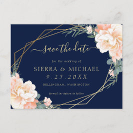 Chic Navy Blue Peach Gold Floral Save the Date Aankondigingskaart