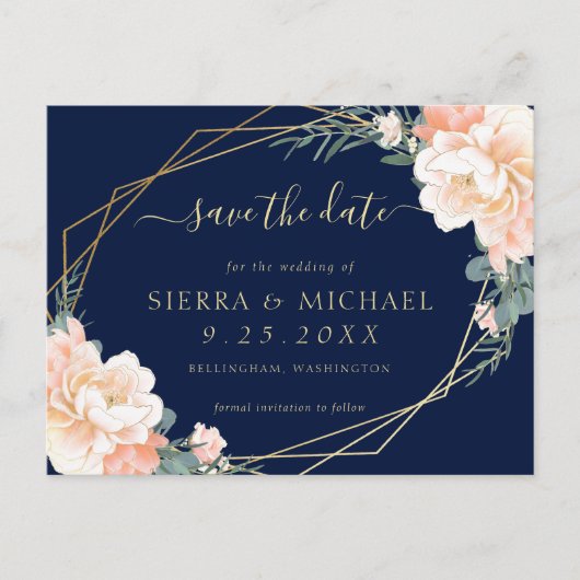 Chic Navy Blue Peach Gold Floral Save the Date Aankondigingskaart (Voorkant)