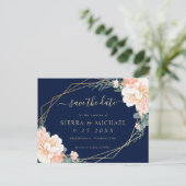 Chic Navy Blue Peach Gold Floral Save the Date Aankondigingskaart (Staand voorkant)