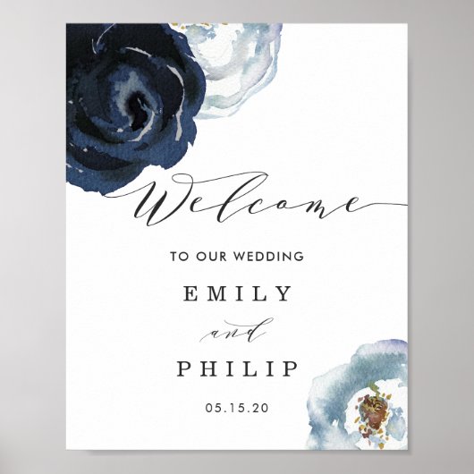 Chic Navy Blue Peony Floral Wedding Welcome Poster (Voorkant)