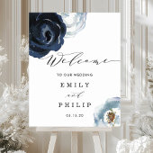 Chic Navy Blue Peony Floral Wedding Welcome Poster