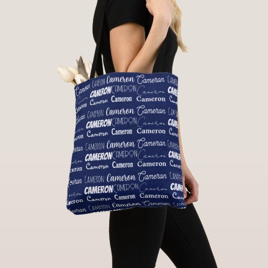 Chic Navy Blue Personalized Name Collage Tote Bag (Dichtbij)