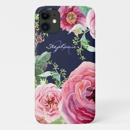  Chic Navy Blue Pink Pony Floral Waterverf Case-Mate iPhone Case (Achterkant)