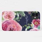  Chic Navy Blue Pink Pony Floral Waterverf Case-Mate iPhone Case (Achterkant (horizontaal))