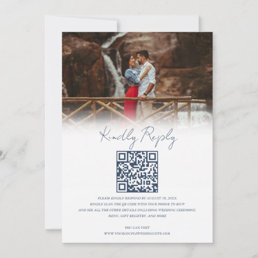Chic Navy Blue QR Code RSVP Fotohuwelijk Kaart (Achterkant)