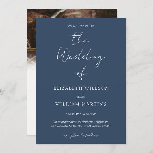 Chic Navy Blue QR Code RSVP Fotohuwelijk Kaart (Voorkant / Achterkant)