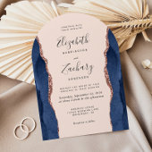Chic Navy Blue Roos Gold Agate Blush Arch Wedding Kaart