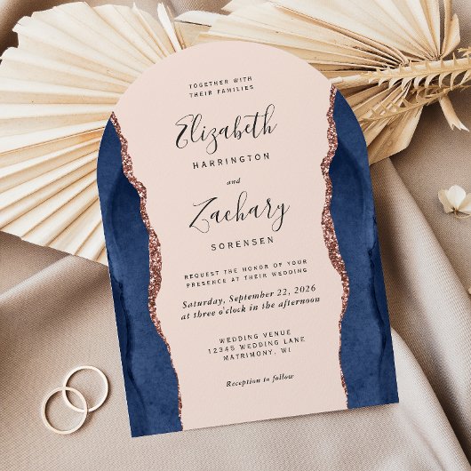 Chic Navy Blue Roos Gold Agate Blush Arch Wedding Kaart