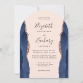 Chic Navy Blue Roos Gold Agate Blush Arch Wedding Kaart (Voorkant)