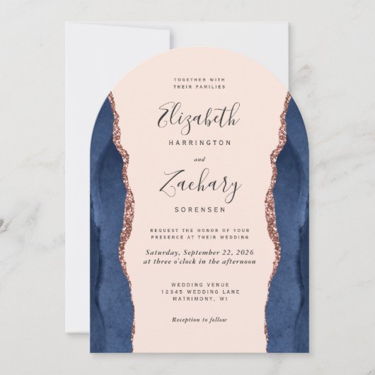 Chic Navy Blue Roos Gold Agate Blush Arch Wedding Kaart (Voorkant)