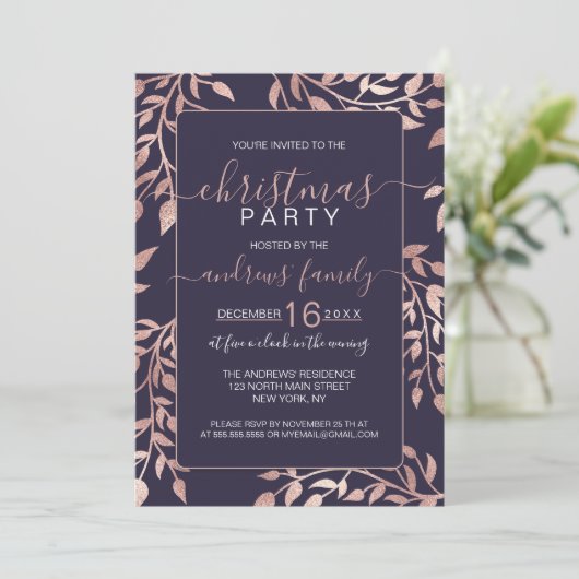 Chic Navy Blue Roos Gold Floral laat kerst achter Kaart (Staand voorkant)