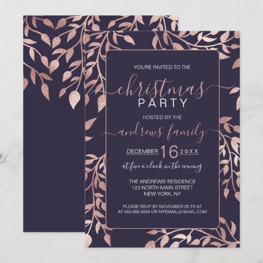 Chic Navy Blue Roos Gold Floral laat kerst achter Kaart (Voorkant / Achterkant)