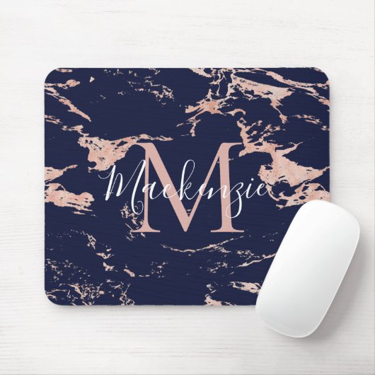 Chic Navy Blue Roos Gold Foil marble Monogram Muismat (Met muis)