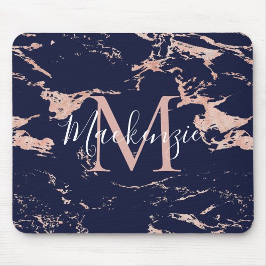 Chic Navy Blue Roos Gold Foil marble Monogram Muismat (Voorkant)