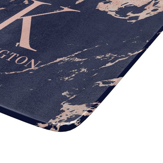Chic Navy Blue Roos Gold Foil marble Monogram Snijplank (Hoek)