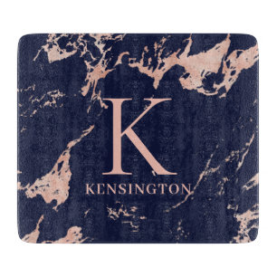Chic Navy Blue Roos Gold Foil marble Monogram Snijplank