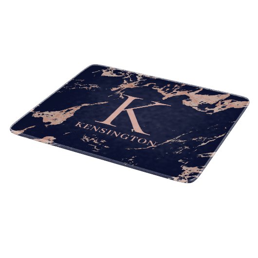 Chic Navy Blue Roos Gold Foil marble Monogram Snijplank (Hoek)