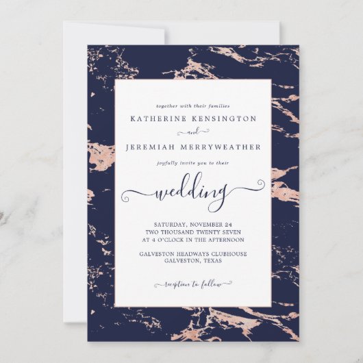 Chic Navy Blue Roos Gold Marble Wedding Kaart (Voorkant)
