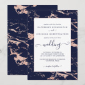 Chic Navy Blue Roos Gold Marble Wedding Kaart (Voorkant / Achterkant)