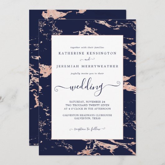Chic Navy Blue Roos Gold Marble Wedding Kaart (Voorkant / Achterkant)