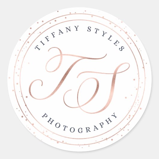 Chic Navy Blue & Roos Gold Trendy Company Logo Ronde Sticker (Voorkant)