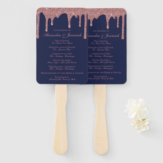 Chic Navy Blue Roos Gold Wedding Program Handwaaier (Voorkant en achterkant)