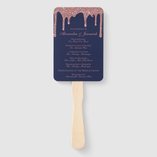 Chic Navy Blue Roos Gold Wedding Program Handwaaier (Achterkant)