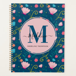 Chic Navy Blue Roze Butterfly Monogram Planner