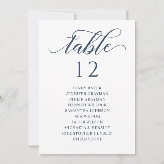 Chic Navy Blue Script Table Number Seating Chart Kaart (Voorkant)