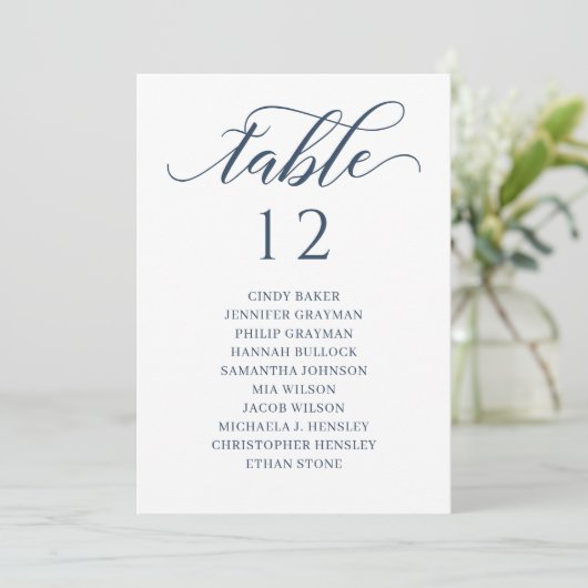 Chic Navy Blue Script Table Number Seating Chart Kaart (Staand voorkant)