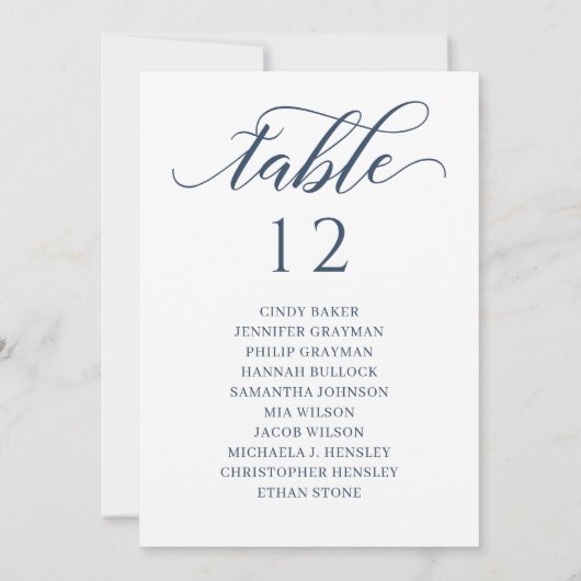 Chic Navy Blue Script Table Number Seating Chart Kaart (Achterkant)