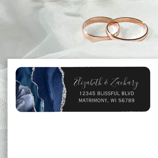 Chic Navy Blue Silver Dark Weduwingadres Etiket