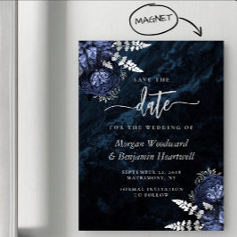 Chic Navy Blue Silver Floral Wedding Save the Date Magnetische Uitnodiging
