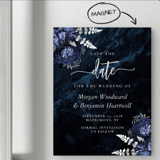 Chic Navy Blue Silver Floral Wedding Save the Date Magnetische Uitnodiging