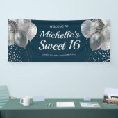 Chic Navy Blue Silver Glitter Balloons Sweet 16 Spandoek (Beurs)