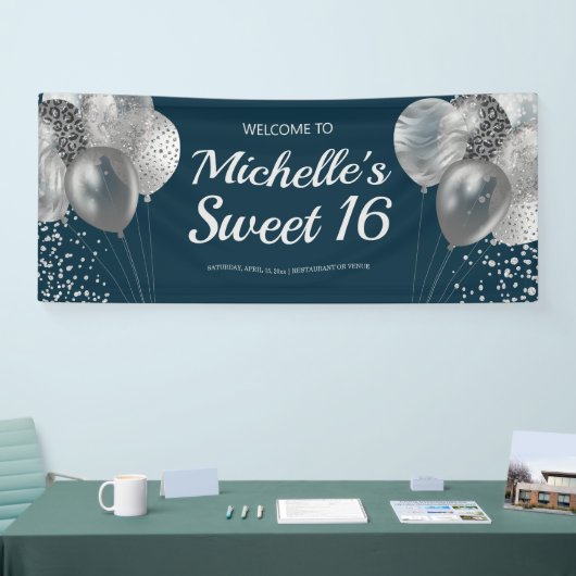 Chic Navy Blue Silver Glitter Balloons Sweet 16 Spandoek (Beurs)