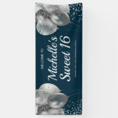 Chic Navy Blue Silver Glitter Balloons Sweet 16 Spandoek (Verticaal)