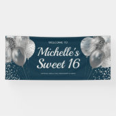 Chic Navy Blue Silver Glitter Balloons Sweet 16 Spandoek (Horizontaal)