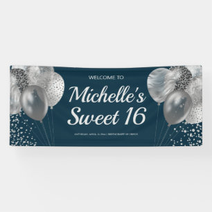Chic Navy Blue Silver Glitter Balloons Sweet 16 Spandoek