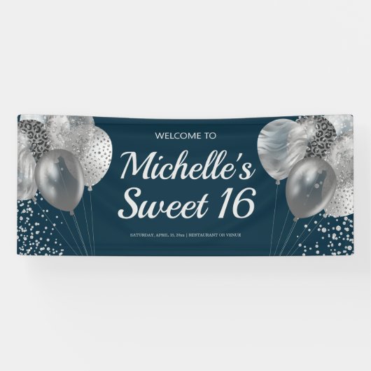 Chic Navy Blue Silver Glitter Balloons Sweet 16 Spandoek (Horizontaal)