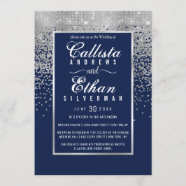 Chic Navy Blue Silver Glitter Confetti Wedding Kaart