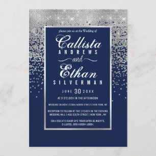 Chic Navy Blue Silver Glitter Confetti Wedding Kaart