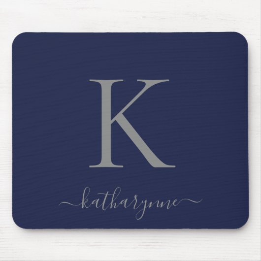 Chic Navy Blue Silver Monogram Script Muismat (Voorkant)