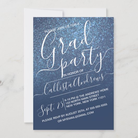 Chic Navy Blue Sparkly Glitter Ombre Afstuderen Kaart (Voorkant)