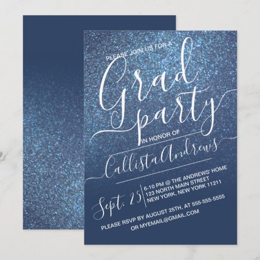 Chic Navy Blue Sparkly Glitter Ombre Afstuderen Kaart (Voorkant / Achterkant)
